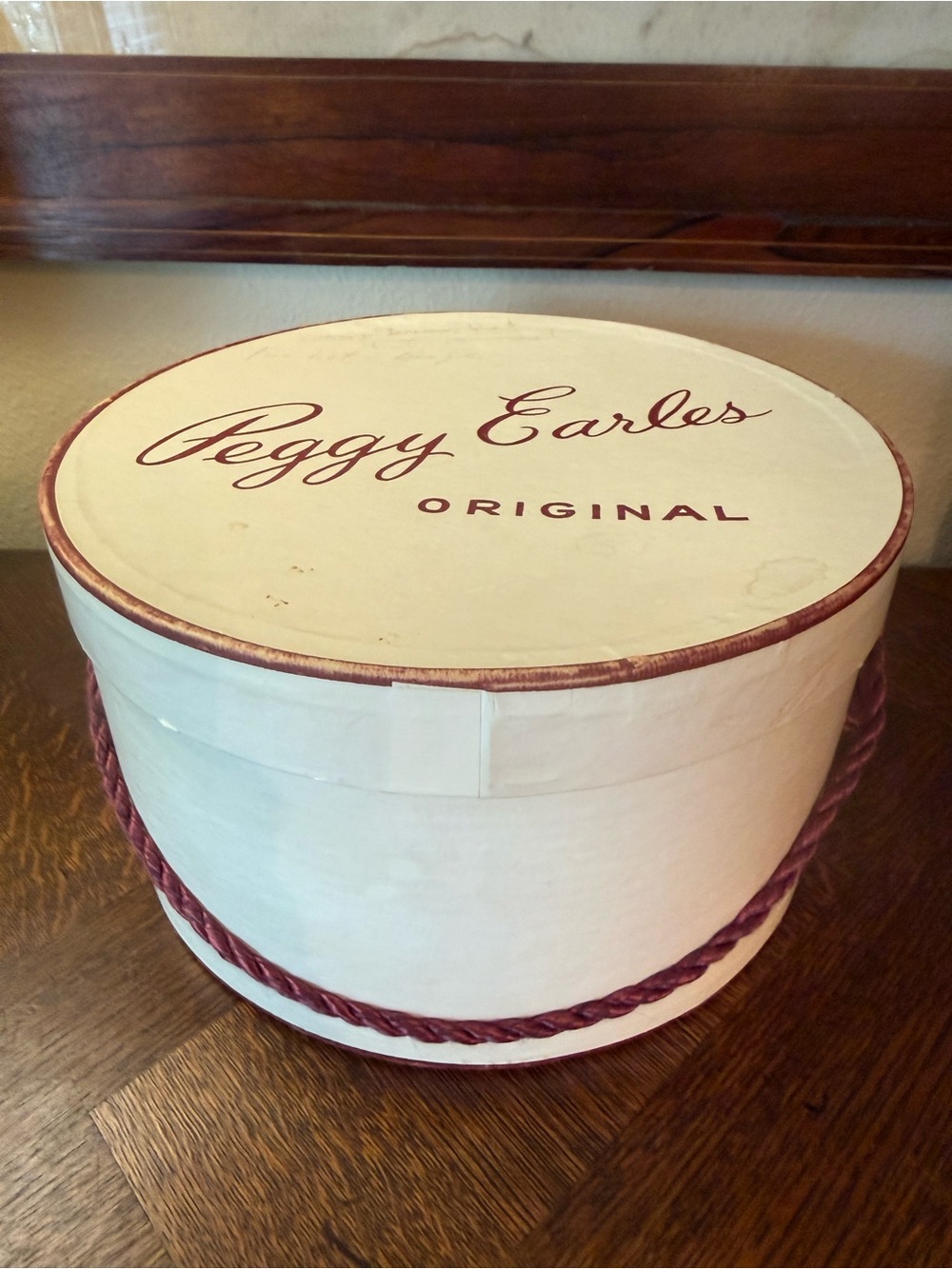 Original Cream Decorative Hat Box with Burgundy Trim